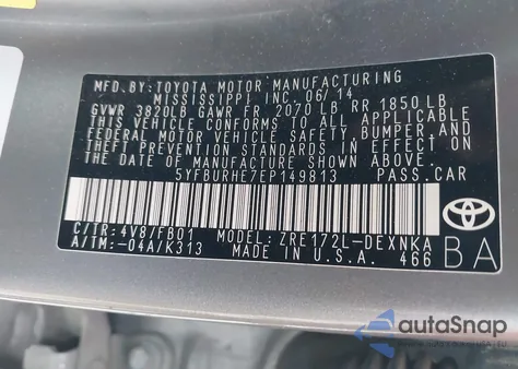 2014 Toyota Corolla Le from USA, damaged, VIN 5YFBURHE7EP149813